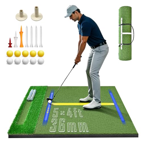 (Enlarged×Thickened) Golf Mat 36mm, 5x4ft Dual-Turf Golf Hitting Mat with Ball Tray for Indoor Outdoor, Thickened Heavy Duty Commercial Golf Mat, High-Elasticity Golf Practice Mat for Simulator -PRO