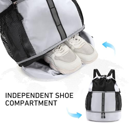 Valleycomfy Drawstring Gym Bag Sports Backpack With Shoe Compartment and Reflective Strips White - color: White
