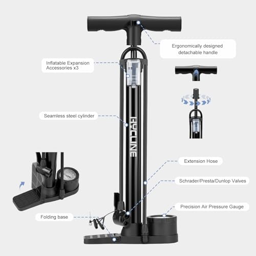 Hycline Bike Floor Pump: Bicycle Tire Pump 160 PSI with Schrader & Presta Valve - High Pressure Air Pumps for Road MTB BMX Hybrid Bikes Tires, Balls, Inflatables - color: Black with Gauge