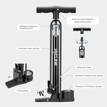 Hycline Bike Floor Pump: Bicycle Tire Pump 160 PSI with Schrader & Presta Valve - High Pressure Air Pumps for Road MTB BMX Hybrid Bikes Tires, Balls, Inflatables - color: Black with Gauge