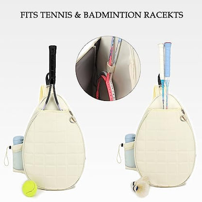 Rejolly Tennis Racket Sling Bag for Women Men Quilted Water Resistant Racquet Cover One Shoulder Crossbody Bag for 2 Tennis Rackets, Pickleball Paddles, Badminton Racquet - color: New Cream White