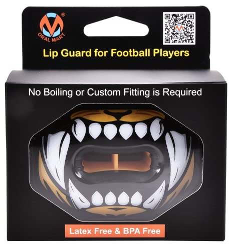 Oral Mart Flag Football Mouth Guard with 3D LipFit Design for Kids - Youth Football Mouthguard (No Boil) Cool Instant Fit Lip Guard Mouthpiece for Braces (Detachable Helmet Strap Included) - color: Tiger Bite