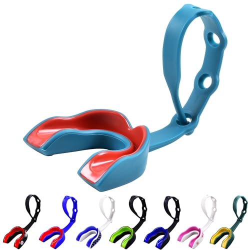 Oral Mart Strapped Mouth Guard for Football, Lacrosse, Ice Hockey, Taekwondo (USA Flag, Fangs, 15+ Colors to Choose from) - Sports Mouthguard with Fixed Strap (Strapped, Youth or Adult) - color: Aqua/Red, size: Youth (Age 12 & Below)
