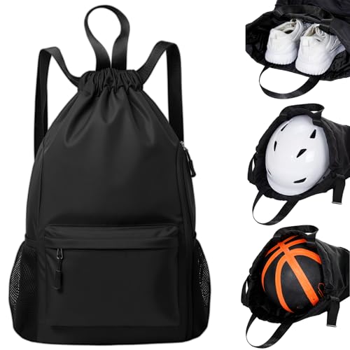 6 Pcs Black Basketball Drawstring Backpack, X-Larger Waterproof Drawstring Gym Bag, Baseball Softball Sports Bag with Water Resistant String Swim Backpack Side Mesh Pocket for Men Women