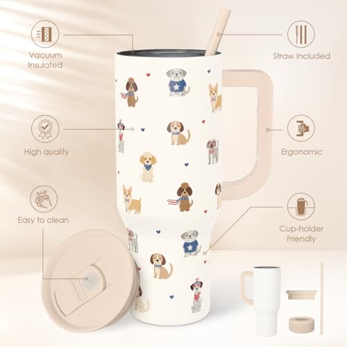 SANDJEST Dogs 40oz Tumbler with Handle and Straw, Insulated Stainless Steel Travel Coffee Mug for Women Girls Dog Lovers Dog Mom, Gift Idea for Birthday Christmas Mothers Day - color: Dog 1