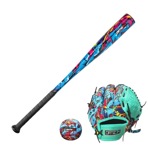 Ortiz34 Youth T-Ball Set, 25” Signature Aluminum T-Ball Bat with -10 Drop, Foam Core T-Ball, 9” Lightweight Youth Glove, Vibrant Graffiti Print - color: Blue/Pink