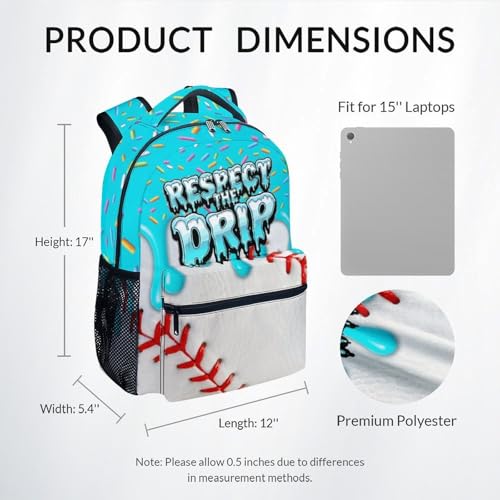Baseball Drip Backpack for Boys Kids Schoolbag with Pocket - Durable Bookbag for Sport Lovers School Supplies Gifts (17 Inch)