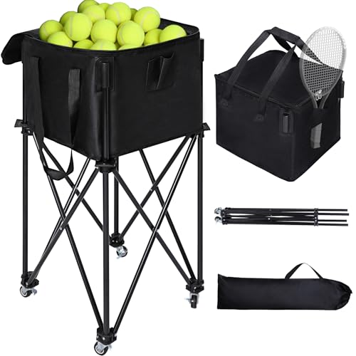 Portable Tennis Ball Hopper Holds 180 Balls, Tennis Ball Basket Cart with 4 Wheels & Brakes, Detachable Oxford Fabric Bag for Tennis and Pickleball Training, Black - color: Black steel