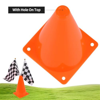 Mini Traffic Cones（With Hole on Top）with Racing Checkered Flags, Sports Safety Cones for Soccer Cones and Basketball Practice Equipment - Mini Orange Cones for Soccer Practice and Small Driving Practice Cones.Race Car Birthday Party Supplies, Kids Gift. (