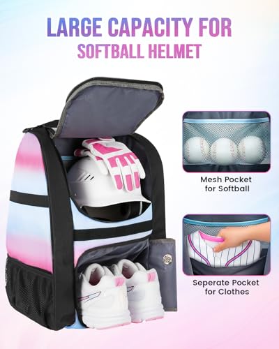 MATEIN Softball Bag, Lightweight Baseball Backpack with Shoe Compartment, Baseball Bag with Fence Hook for TBall Bat & Equipment, Softball Gifts Catchers Backpack for Women Fit Catcher’s Mitt, Helmet - color: Pink - Large