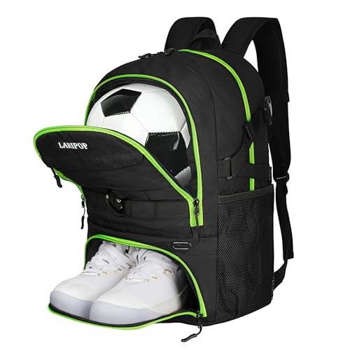 LARIPOP Soccer Backpack with Ball Holder & Shoe Compartment Large Capacity Youth Sports Bag for Training - color: Lemon Green
