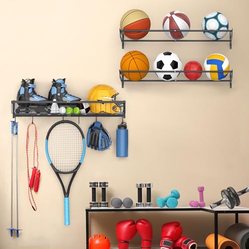 Ball Metal Holder Wall Mount Sports Organizer with 3Tier Shelf Garage Basketball Rack for Balls, Multi-Purpose Wall Ball Storage, Racks for Garage, Equipment Organizer with 6 Hooks, Metal Black（black）