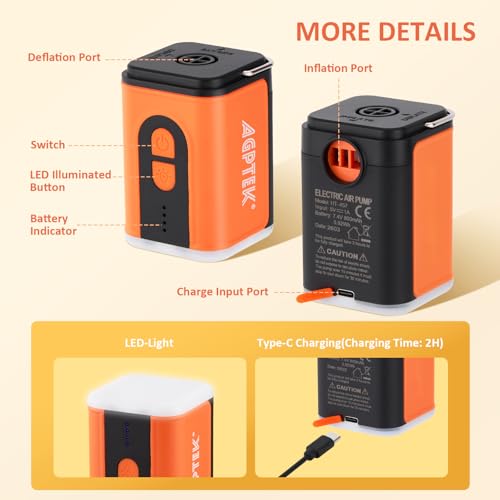 AGPTEK Portable Mini Air Pump for Inflatables, 180L/min Electric Inflator Deflator, USB-C Rechargeable Pump with 3-Mode LED Light for Air Mattress Pool Floats Sleeping Pad Vacuum Bags 0.58PSI