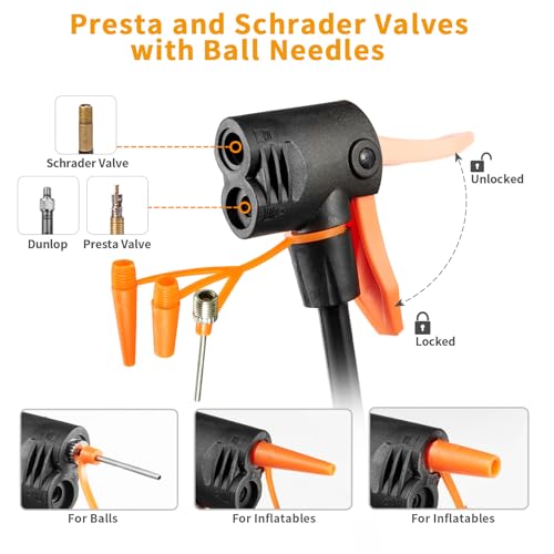 Floor Bike Pump Portable, Classic Bicycle Pump, Portable Bike Tire Pump with Dual Presta & Schrader Valves, Attached Ball Needles, Bike Air Pump for Bike Tires, Balls