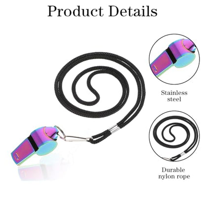 JJUNW 2 Pcs Coach Whistle with Lanyard, Stainless Steel Metal Teacher Whistle, Colorful Backpack Whistle, Emergency Sports Loud Whistle Suitable for, Coach, Referee, Emergency