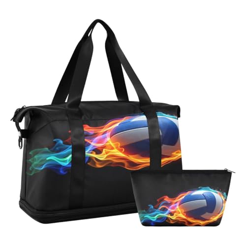 ALAZA Volleyball Ball Black Travel Duffel Bag Tote Bag Multi Compartment Weekender Overnight Bag with Wet Pocket for Travel Men Women