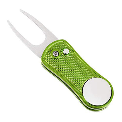 Mile High Life Golf Divot Repair Tool, All Metal Foldable Divot Tool with Pop-up Button & Magnetic Ball Marker - color: Lime Green Undulate
