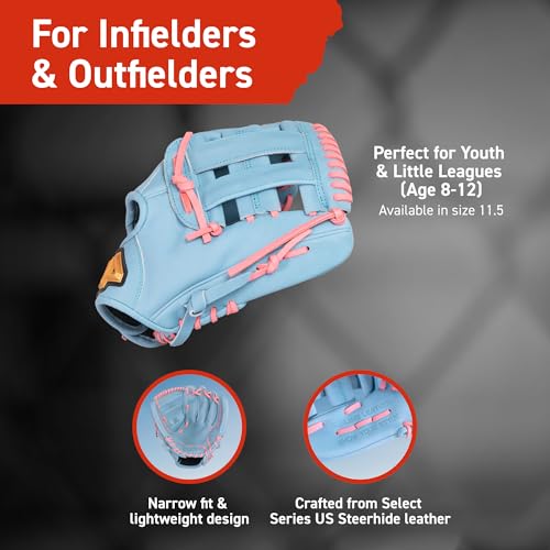 44 PRO BB Stock Rise Baseball Glove for Youth & Little Leagues, Age 8-12, Infield & Outfield, 11.5", H-Web, Easy Break-in, Narrow Fit & Lightweight Design