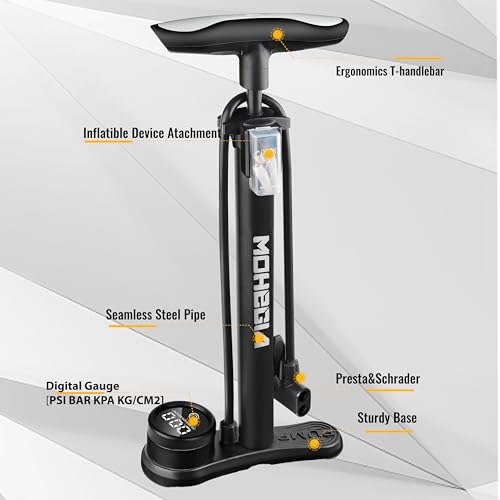 MOHEGIA Bike Floor Pump with Gauge: Air Bicycle Pump with High Pressure 160 PSI,Fits Schrader and Presta Valve -Inflator with Ball Pump Needles for MTB Road Bike, Ball, Balloon, Inflatables - color: Digital Gauge/black