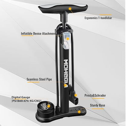 MOHEGIA Bike Floor Pump with Gauge: Air Bicycle Pump with High Pressure 160 PSI,Fits Schrader and Presta Valve -Inflator with Ball Pump Needles for MTB Road Bike, Ball, Balloon, Inflatables - color: Digital Gauge/black