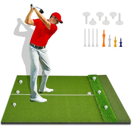3-in-1 Golf Hitting Mat 5x4ft, Thick Golf Practice Mat with Alignment Line, Fairway/Rough/T-Turf Golf Training Mat, 14 Tees, Golf Mats Practice Indoor Outdoor for Hitting Driving Swing Chipping