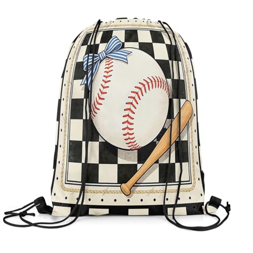 Castle Fairy Baseball Bow Drawstring Backpack Gym Bag,Black White Checkered Cinch Bag,Sports Gaming Foldable Draw String Back Bags Sports Bags,Black Beige - color: Black Beige