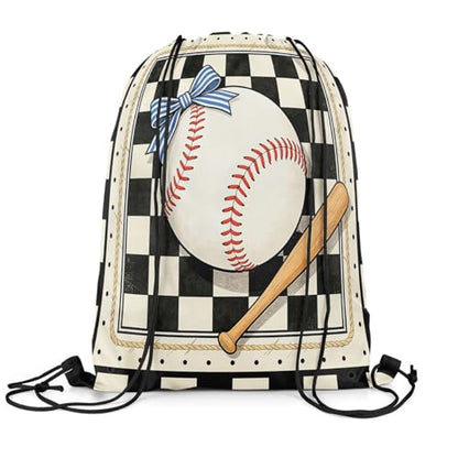 Castle Fairy Baseball Bow Drawstring Backpack Gym Bag,Black White Checkered Cinch Bag,Sports Gaming Foldable Draw String Back Bags Sports Bags,Black Beige - color: Black Beige