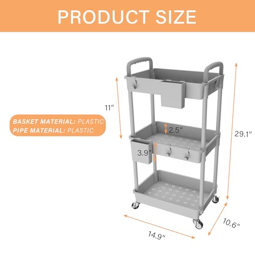 3 Tier Rolling Utility Cart with Handle,REBECAT Utility Cart Made of Multifunctional Storage Organizer Tool for Kitchen,Bathroom,Living Room,Office(Gray) - color: Gery
