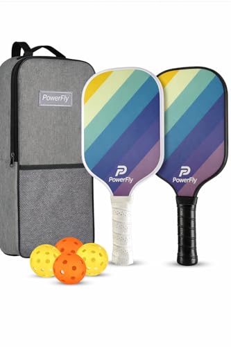 PowerFly Pickleball Paddles Set of 2, Fiberglass Surface Pickleball Set with 2 Pickleball Rackets,4 Pickleball Balls,1 Portable Carry Bag, Pickle Racket Set for Men Women - color: Vivid Rainbow