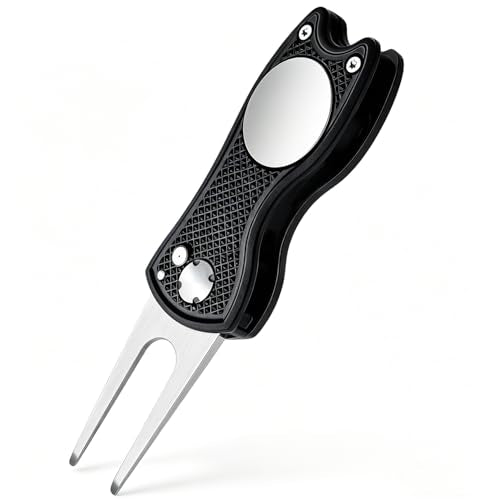 Golf Divot Repair Tool, 1 Pack, Black Metal Foldable Golf Repair Kit with Magnetic Putt Alignment Ball Marker & Pop-up Button Ball Marker, Stainless Steel Ball Marker Switchblade for Golfers