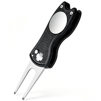 Golf Divot Repair Tool, 1 Pack, Black Metal Foldable Golf Repair Kit with Magnetic Putt Alignment Ball Marker & Pop-up Button Ball Marker, Stainless Steel Ball Marker Switchblade for Golfers