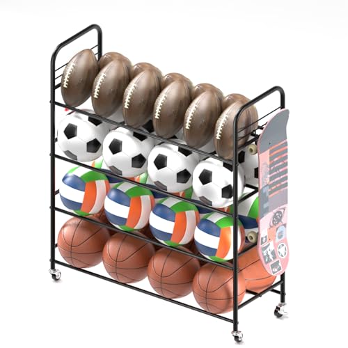 Ball Storage - Basketball Cart With Wheels Garage Volleyball Storage Sport Equipment Holder Organizer For Indoor Outdoor,Metal Storage Rack For Playgroup,Gym And School - style: Double Row Ball Rack