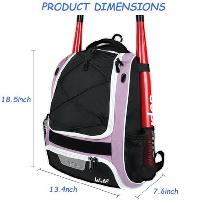WOLT Youth Baseball Bag - Bat Backpack for Baseball, T-Ball & Softball Equipment & Gear, Bat & Glove Holder, Large Main Compartment for Helmet & accessories, Separate Shoes Compartment, Fence Hook - color: Lightpurple