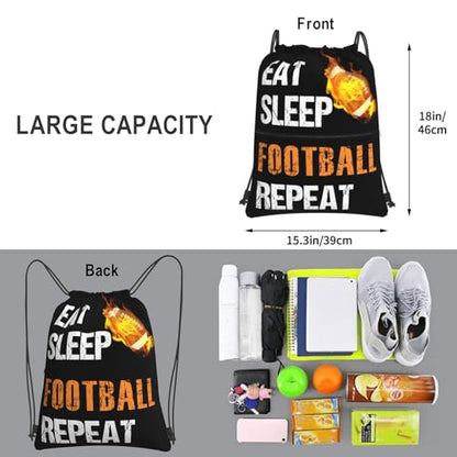 Football Drawstring Bags, Outdoor Sport Sackpack Cinch String Bag, Eat Sleep Football Repeat Drawstring Backpack, Waterproof Gym Drawstring Bags, Football Player Gift for Men & Women - color: Eat Sleep Football Repeat