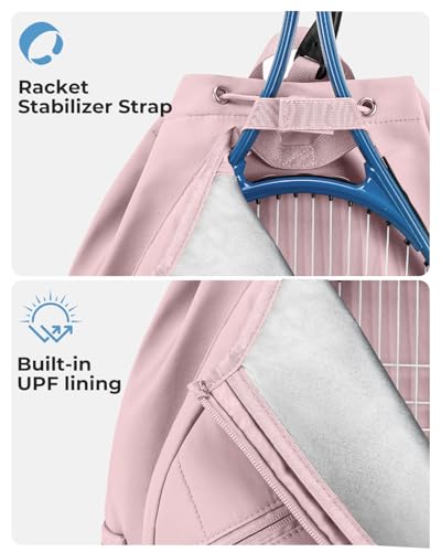 Drawstring Tennis Backpack, Puffer Tennis Racket Bag with Shoe Compartment & Wet Pocket Gym Bag for Women, Suitable for Pickleball Tennis Badminton - color: Pink