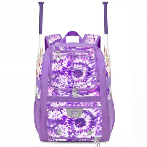 Youth Baseball Bag - Softball Bag for Girls & Boys with Shoes Compartment, Bat Backpack for Baseball, T-Ball & Softball Equipment - color: Tie-dye-Purple