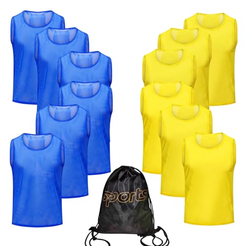 12/24/48PCS Pinnies Youth Team Pennies for Sports Kids and Scrimmage Vests for Soccer Basketball Jersey Practice - color: Yellow+blue-12, size: L(For Adults)