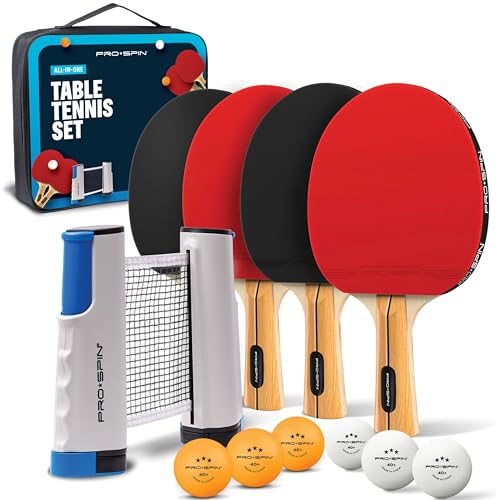PRO-SPIN Portable Ping Pong Set with Retractable Ping Pong Net for Any Table, All-in-One Table Tennis Set with Ping Pong Paddles, Balls & Case, Table Top Family Game - color: 4-Player Set | Active Red