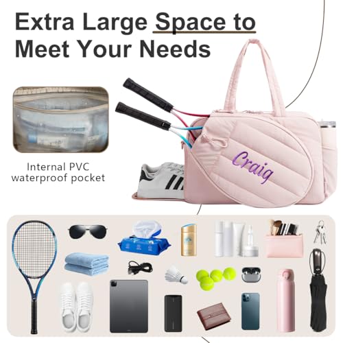 Personalized Tennis Gym Bag for Women, Custom Tennis Bag Holds 2 Rackets with Shoe Compartment, 15.6" Gym Bags for Court, Off-work, Everyday & Overnight Weekend - color: Pink