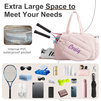 Personalized Tennis Gym Bag for Women, Custom Tennis Bag Holds 2 Rackets with Shoe Compartment, 15.6" Gym Bags for Court, Off-work, Everyday & Overnight Weekend - color: Pink