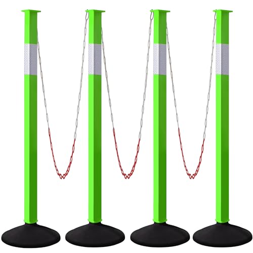 4 Pack Traffic Delineator Post Cones with Weighted Base & Reflective Collars, Adjustable Green Safety Barrier with Plastic Chains for Parking Lot Driveway Road - color: Green