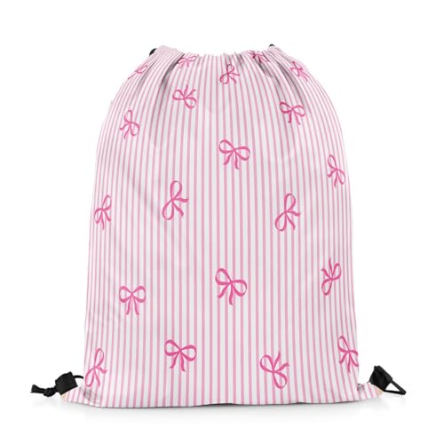 Castle Fairy Bow Drawstring Backpack Bag,Pink Bowknot Stripes String Bag Sackpack,Sweet Princess Style Water Resistant Backpack for Gym Shopping Sport Yoga - color: Pink