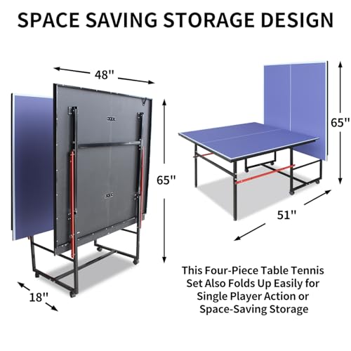 8FT Outdoor Ping Pong Table, Foldable & Portable Table Tennis Set with Net, 2 Paddles & 3 Balls, Game Table with Single Player Playback Mode - color: Blue