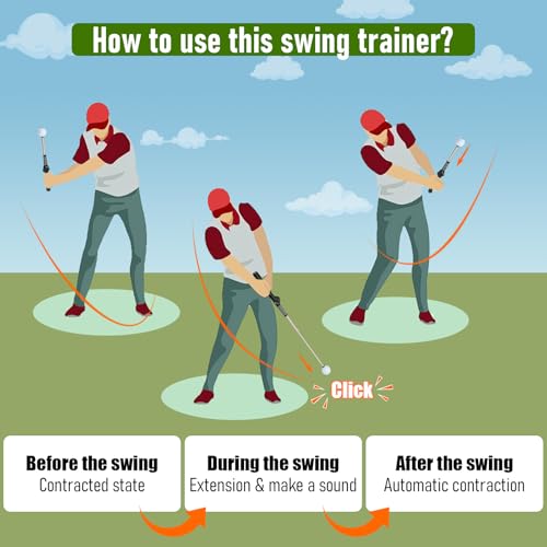 Retractable Golf Swing Training Aid - Portable Grip Trainer with Click Feedback for Right Handed Golfers, Portable Swing Tempo Trainer with Arm Band for Indoor & Outdoor Practice