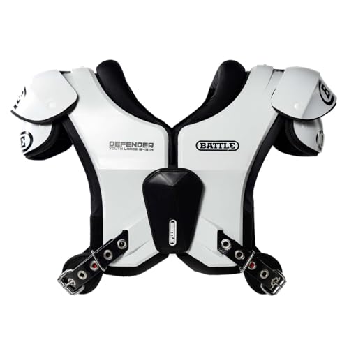 Battle Sports Defender Football Shoulder Pads – The Lightest, Most Protective in Its Class – Aerospace Grade Materials, Ventilated Design, Removable Sternum Plate, Foam Neck Roll - color: White, size: Youth-Small