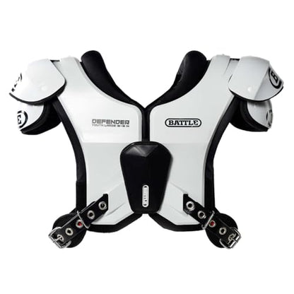 Battle Sports Defender Football Shoulder Pads – The Lightest, Most Protective in Its Class – Aerospace Grade Materials, Ventilated Design, Removable Sternum Plate, Foam Neck Roll - color: White, size: Youth-Small