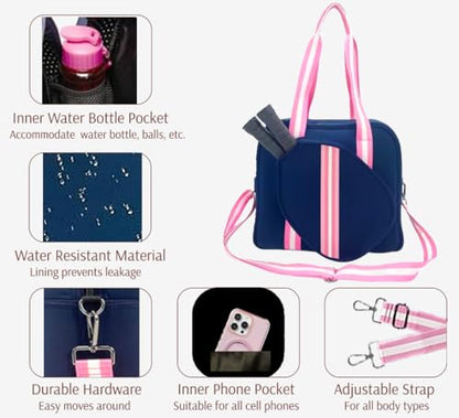Pickleball Sports Tote Bag with Racket Holder, Neoprene, Adjustable Shoulder Strap - color: Navy Blue