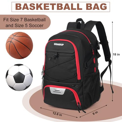 GRANDUP Basketball backpack with ball and shoes compartment Fit Volleyball, soccer, Swim, Gym, Travel, and School, large capacity sports training equipment bags - color: Black With Red Zipper