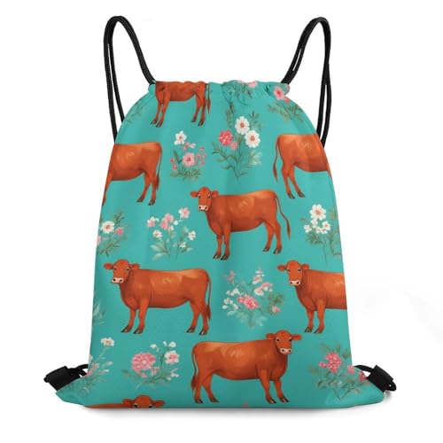 Travel Drawstring Backpack Beam Bag Large Capacity for Volleyball Baseball Sports Equipment Men Women Unisex, Hereford Cow Cattle Floral Bags - color: Picture (1005)