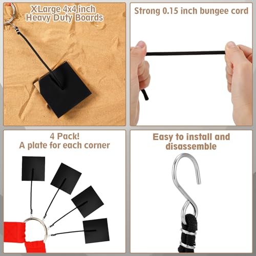 4 Pcs Beach Volleyball Sand Anchors 4 Inch Heavy Duty Plastic Boards with Elastic Thick Cord for Beach Volleyball Boundary Lines, with S - Hooks